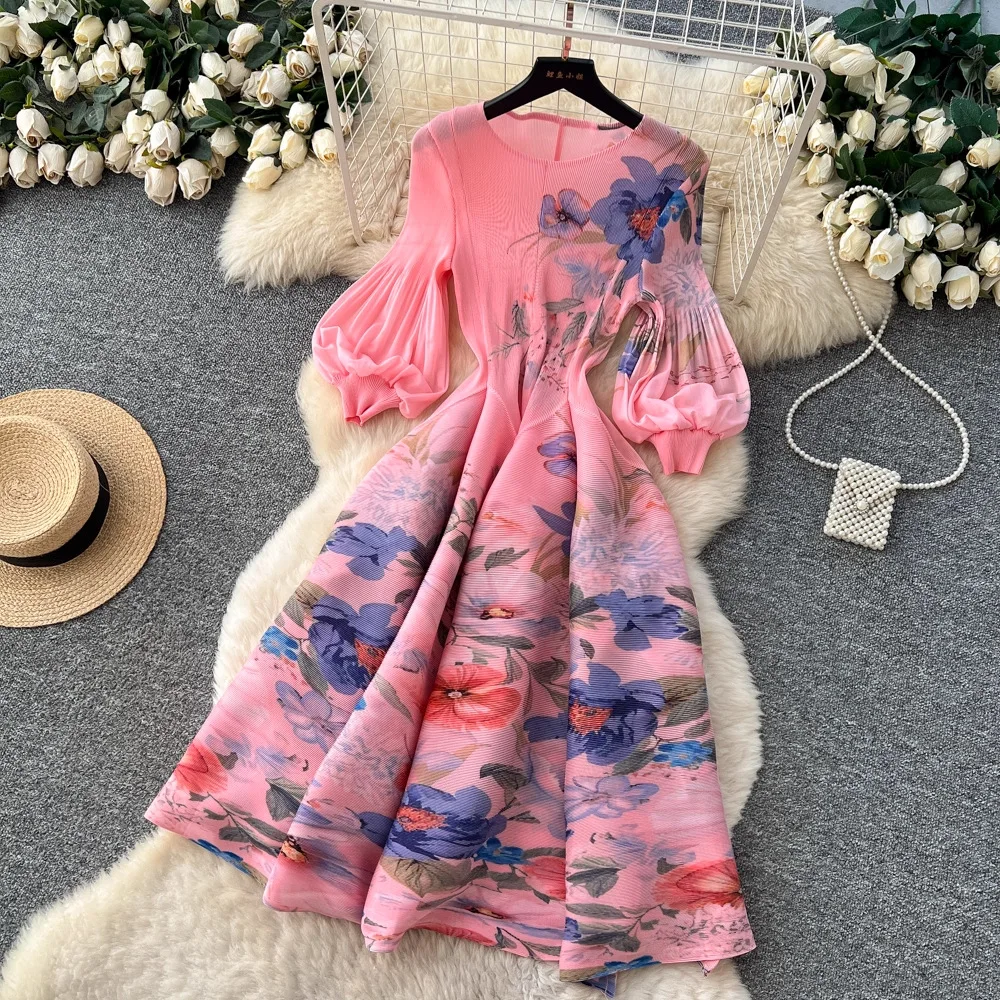 Miyake Pleated Print Dresses 2026 Summer New Round Neck Lantern Sleeve A-Line Flower Bud Dress Elegant Stretch Women's Clothing