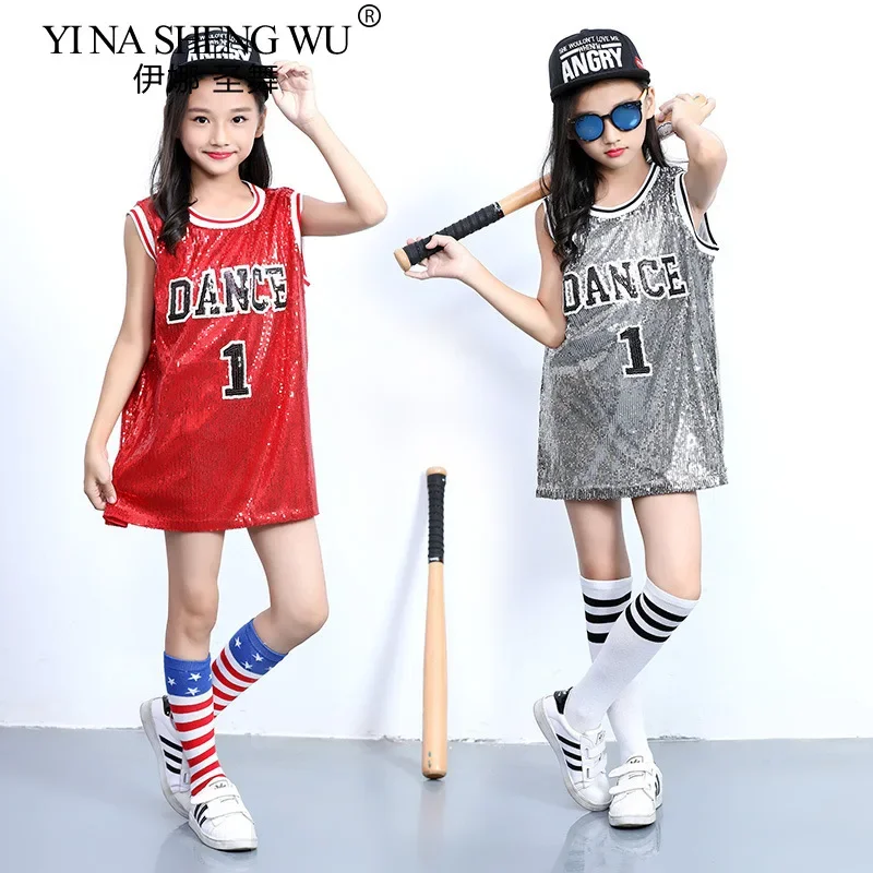 

Одежда для девочек в стиле хип-хоп с блестками, костюм для джазовых танцев, современного чирлидинга, сценического выступления, детский топ с блестками и длинными рукавами с носками