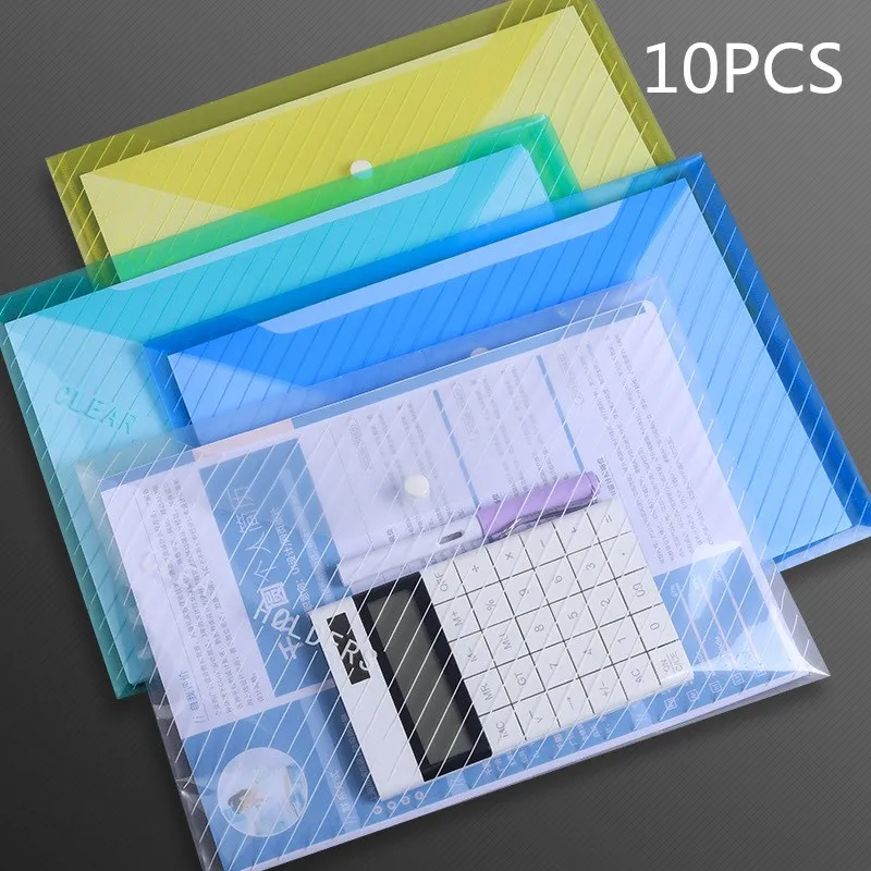 10pcs A4 Transparent Document Bag Twill Waterproof Snap Buckles Large Capacity File Test Paper Storage Bags Office Stationery