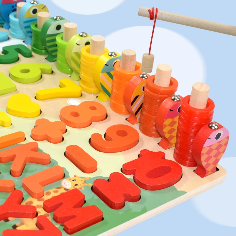 Jouets éducatifs en bois Montessori pour enfants, planche de maths et de pêche, jouets éducatifs pour enfants d'âge préscolaire, géométrie de comptage