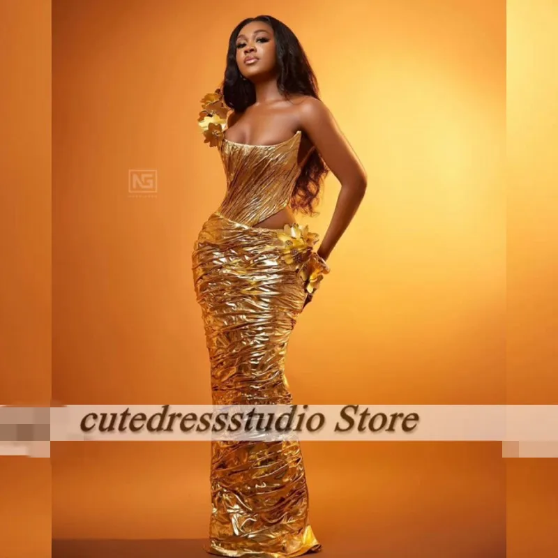 Elegant Gold Mermaid Evenig Dresses For Women Ruched Flowers Wedding Party Dress Customized Aso Ebi Formal Occasion Gowns