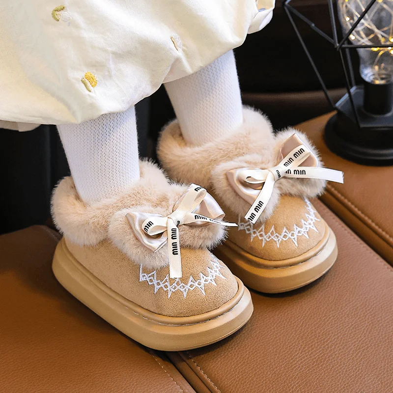 Fashion Winter Wrap Heels Non-slip Soft Bow Decor Fluffy Slippers Children's For Girls Kids Indoor Warm Home Cotton-padded Shoes