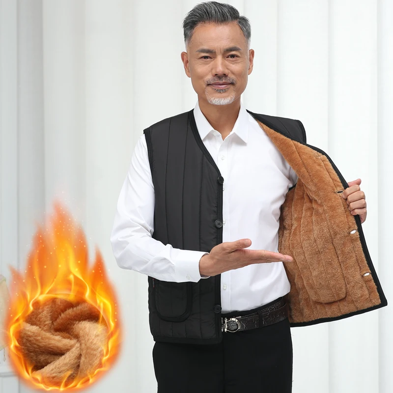 

Thickened Fleece Warmth Men's Vest Autumn Winter Clothes Standard Fit Button Style Business Casual Style V-Neck Side Pocket