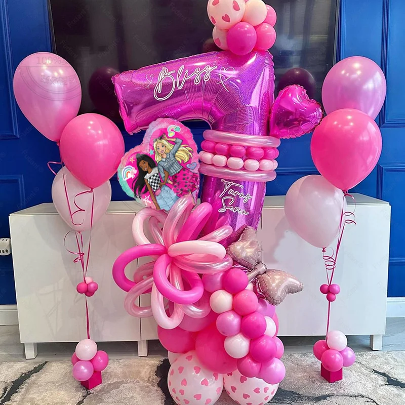 77pcs Pink Bow Barbie Series Birthday Aluminum Film Latex Balloon Column Set for Girls Princesses Birthday Party Decoration Gift