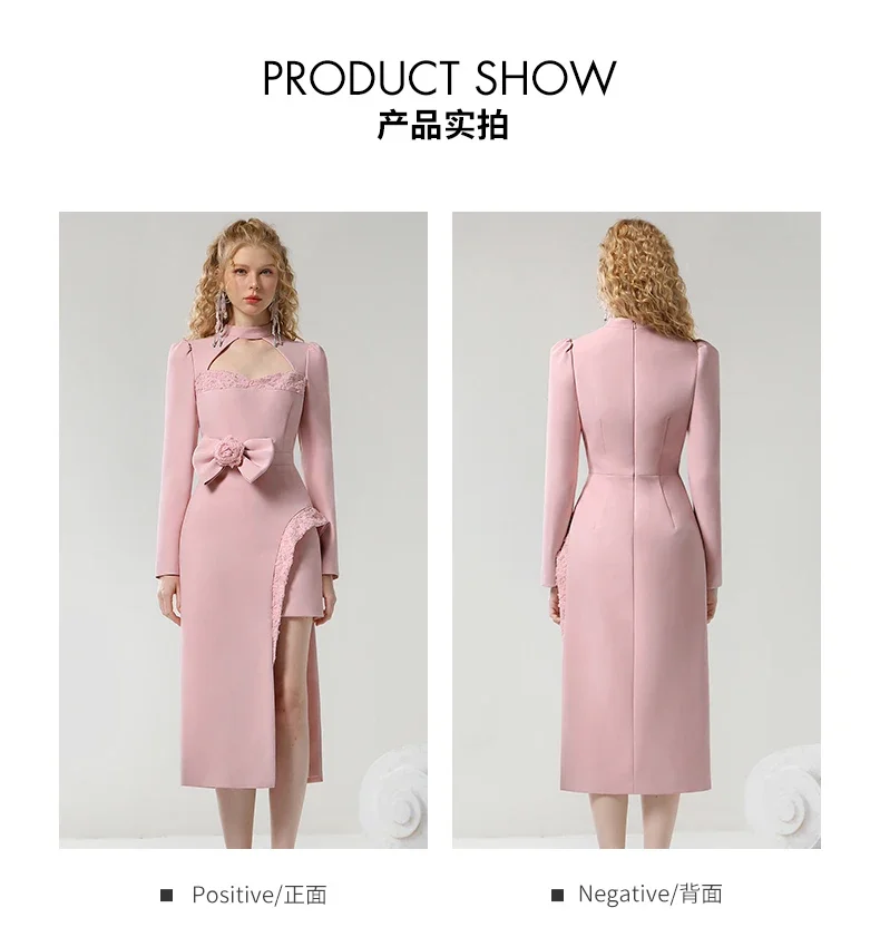 LEOSOXS Designer Style Temperament Elegant Long Dress Women 2024 Autumn Design Sense Irregular Design Hollow Waist Pink Dresses