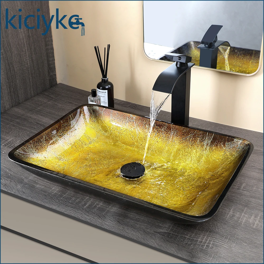 Amber Glass Bathroom Sink Set Rectangular Tempered Glass Vessel Sink with Matte Black Waterfall Faucet Countertop Art Wash Basin