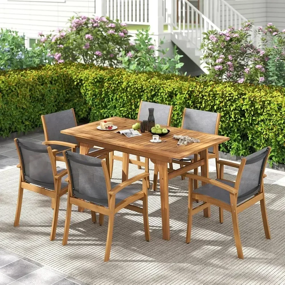 9-Piece Acacia Patio Dining Set with Expandable Table, Chairs, and Umbrella Hole for Outdoor Garden and Poolside Use