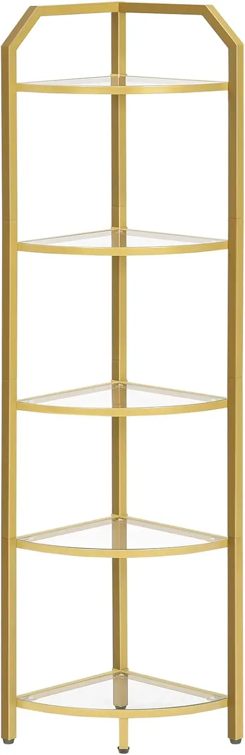 

5-Tier Corner Shelf Stand, Gold Corner Bookshelf, Tempered Glass Shelves, Bathroom Organizer, Corner Plant Stand, for Living