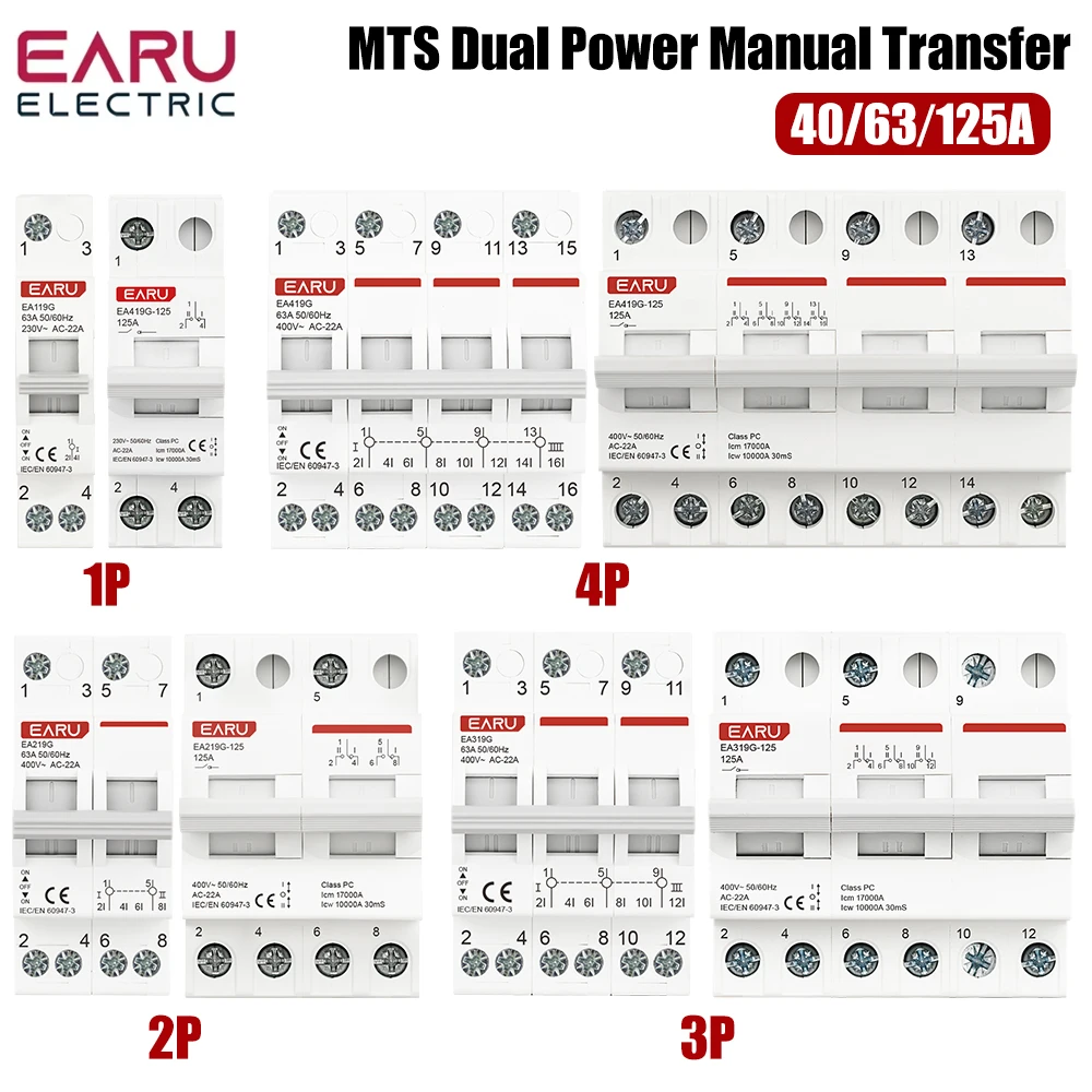 40A 63A 125A 1P 2P 3P 4P Din Rail Modular MTS Dual Power Manual Transfer Switch Isolating Discounnecting Switch Circuit Breaker