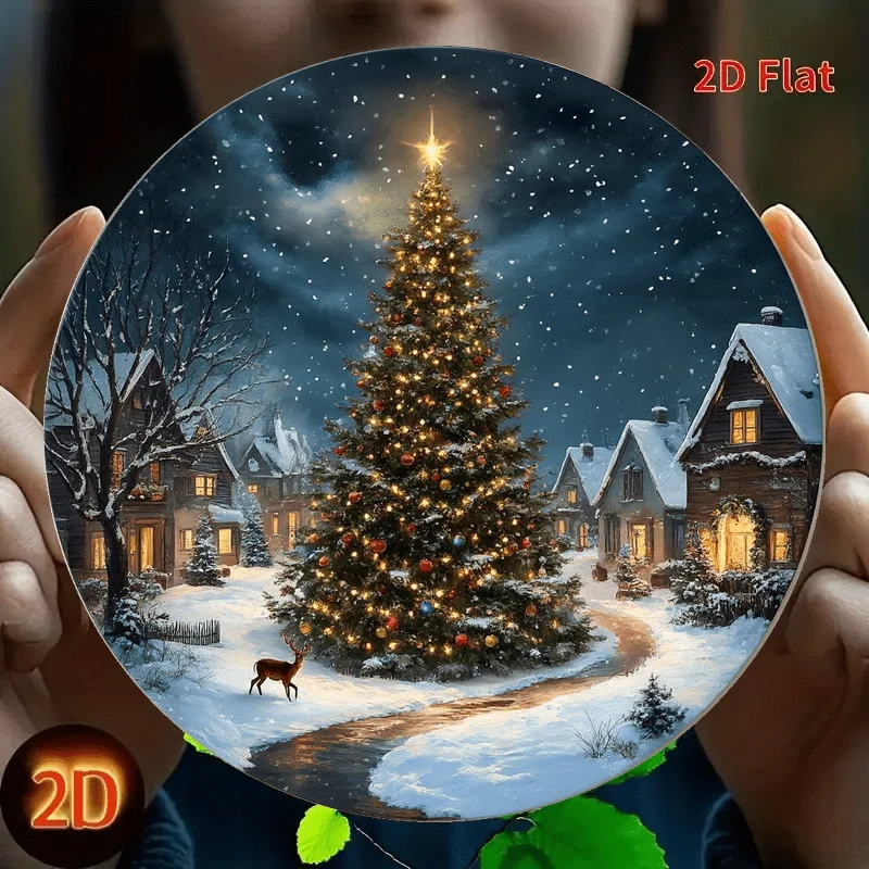 1pc Vintage Aluminum Wall Art - 8x8 Inch Round Christmas Tree & Gifts Design, Snowy Village Scene with Red & Golden Ornaments, D