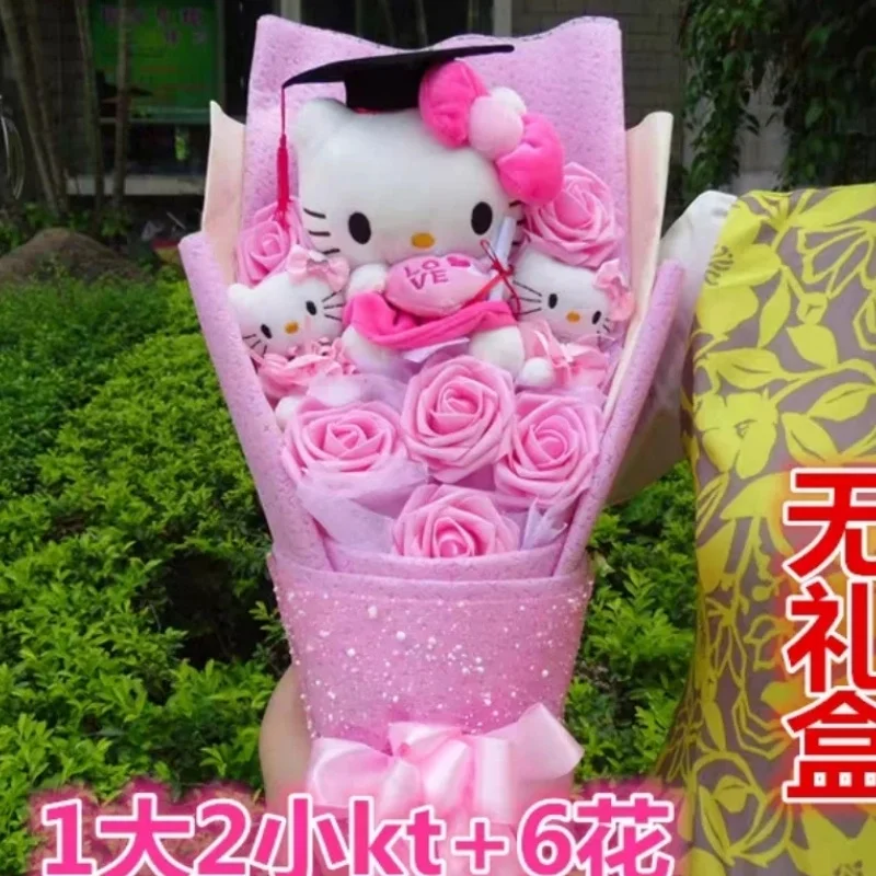 

Kt Hello Kitty Plush Stuffed Bouquet With Graduation Hats Handmade Doll Cute Soap Flower Rose Flower Bouquet Birthday