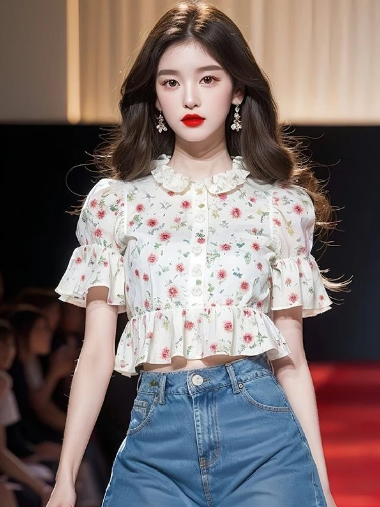 

2025 Summer New Blouses Flower Print Ruffles Crop Tops Peter Pan Collar Flare Sleeve Shirts French Female Slim Women's Clothing