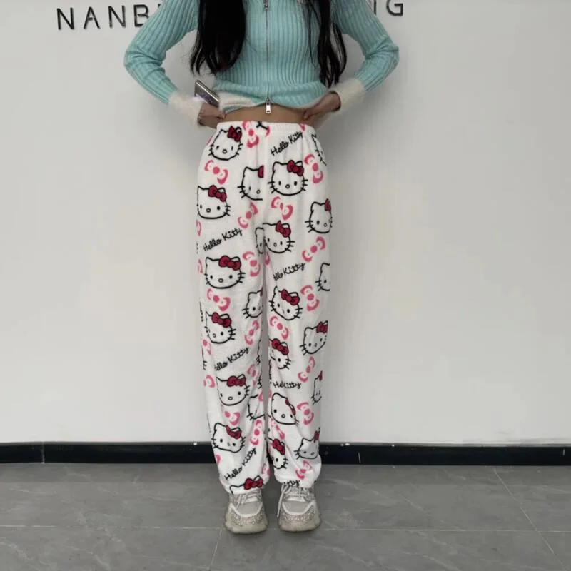 Hello Kitty Cartoon Pajamas Pants Christmas Flannel Y2K Trousers Women Girl Kawaii Anime Cartoon Casual Homewear Winter Clothing