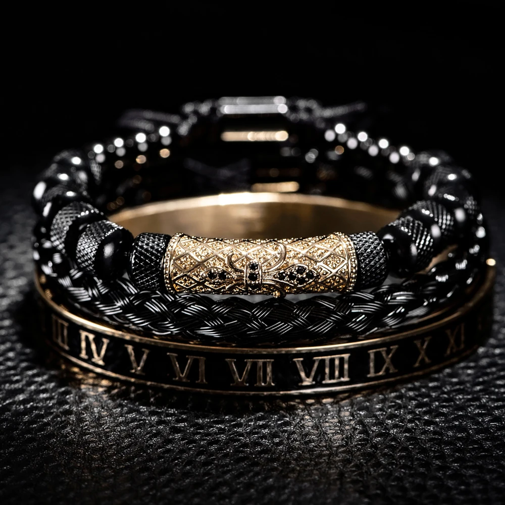 Luxury 3pcs/Set Flower Cross Charm Bangles Stainless Steel Bracelet Men Enamel Roman Number Europe Fashion  Jewelry