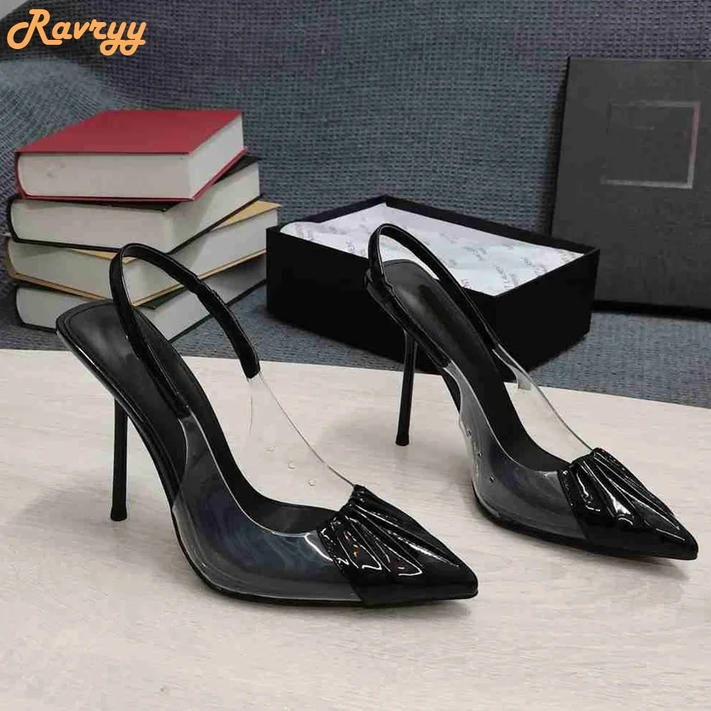 PVC Cover Pointed Toe Sandals Patent Leather Pleated Stiletto High Heels Women Sexy Fashion Back Strap Sandals Black/red/nude