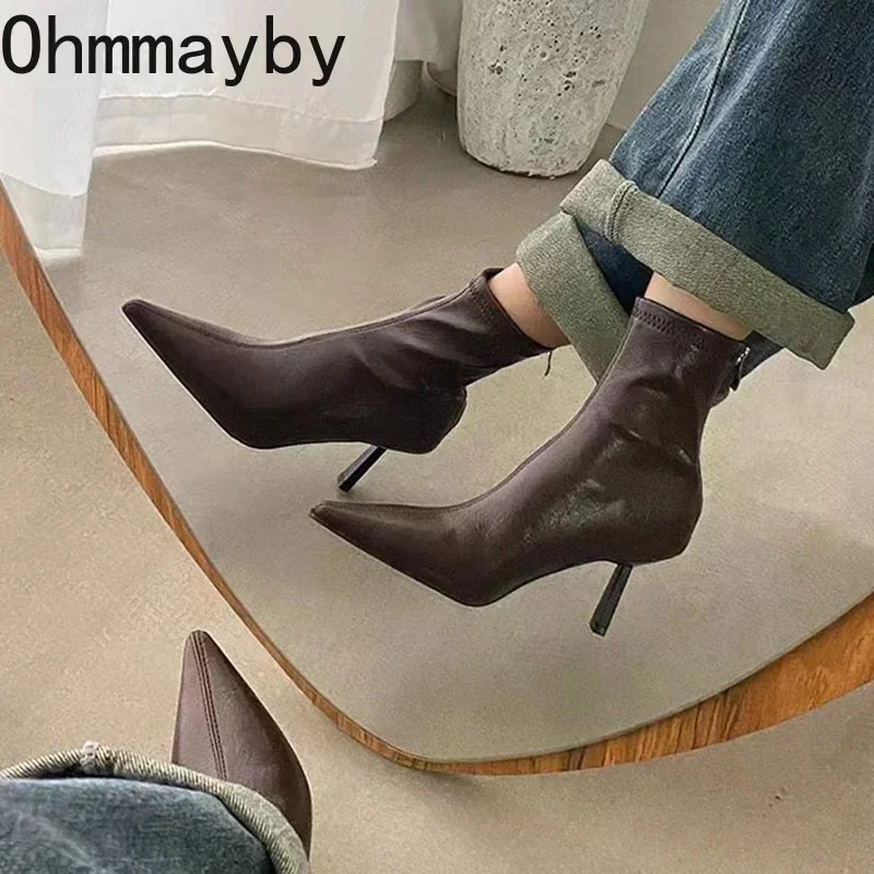 Pointed Toe Women Slim Ankle Boots Fashion Back Zippers Shoes Autumn Winter Thin High Heel Women\'s Morder Short Booties