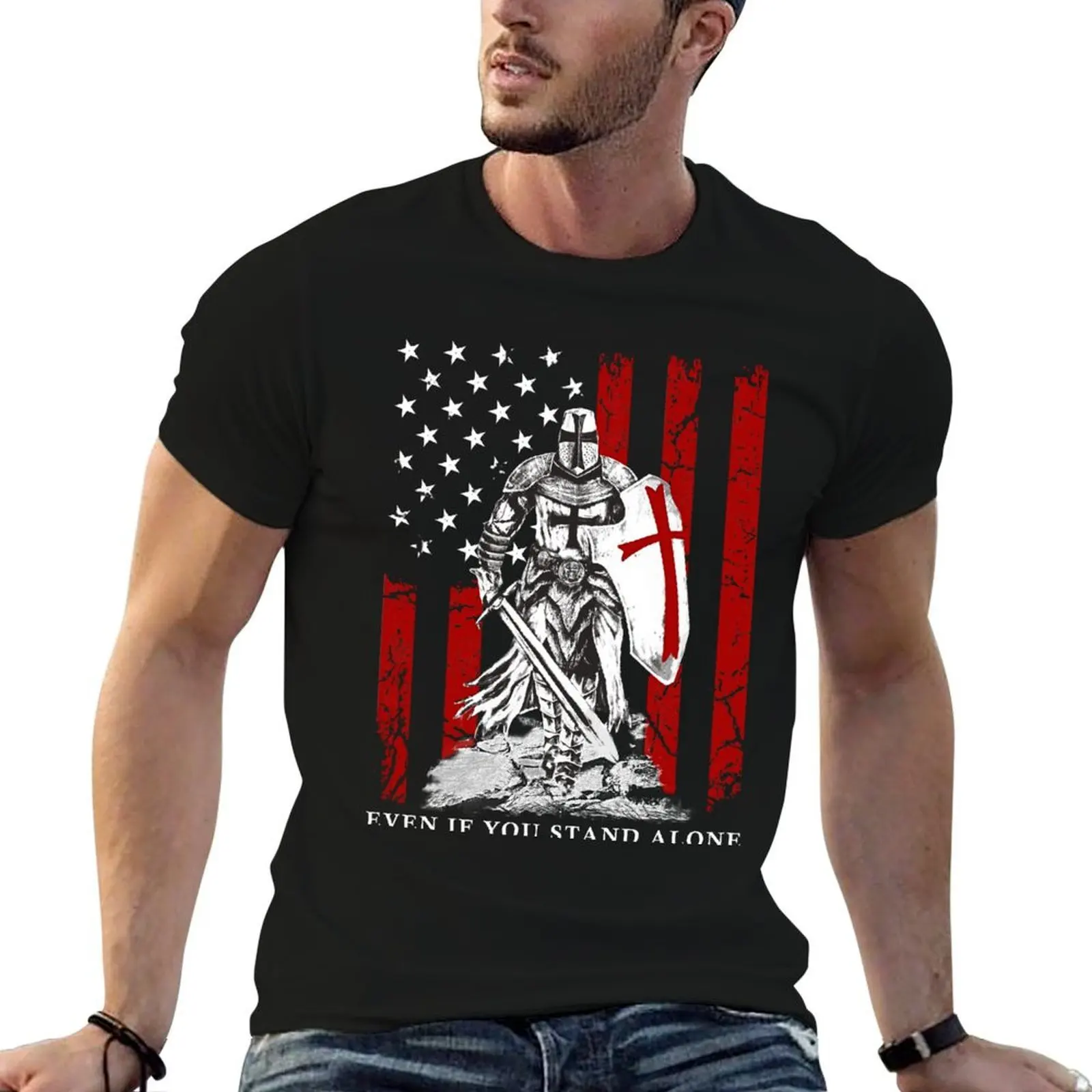 

Knight Templar - Crusader Warrior American Flag T-Shirt graphic t shirts for man cotton tshirt 100% T-Shirt
