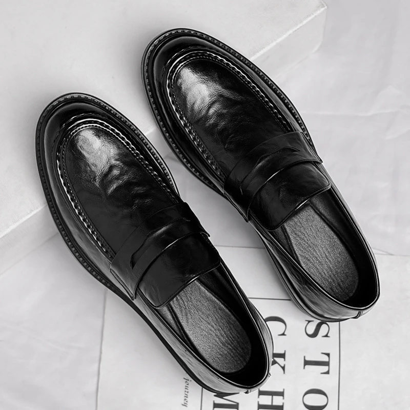 Mens Black Genuine Leather Wrinkle Penny Loafers Slip On Low Heel Business Formal Office Wedding Casual Dress Shoes Simple