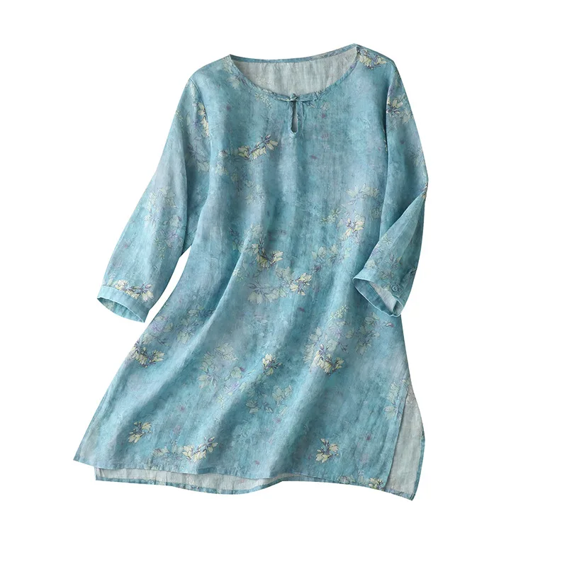 

Vintage Fashion Floral Ladies Shirt Spring Summer Autumn Cotton Linen Tops Long Sleeves soft Mid-Length Women's Shirt Blouse