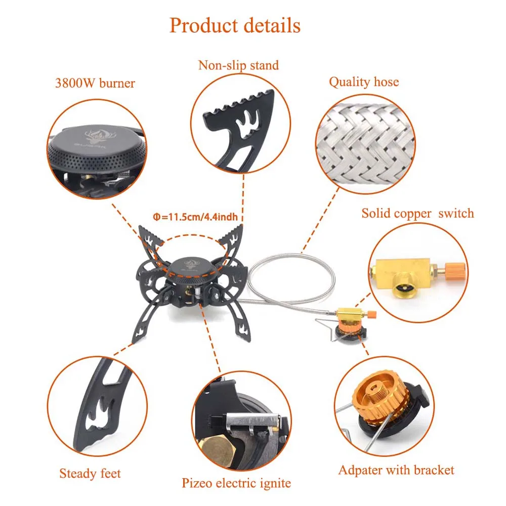 Portable Camping Gas Stove 3800W High Power Flame Adjustable Non-Slip Foldable Design Backpacking Stove Cooking Burner