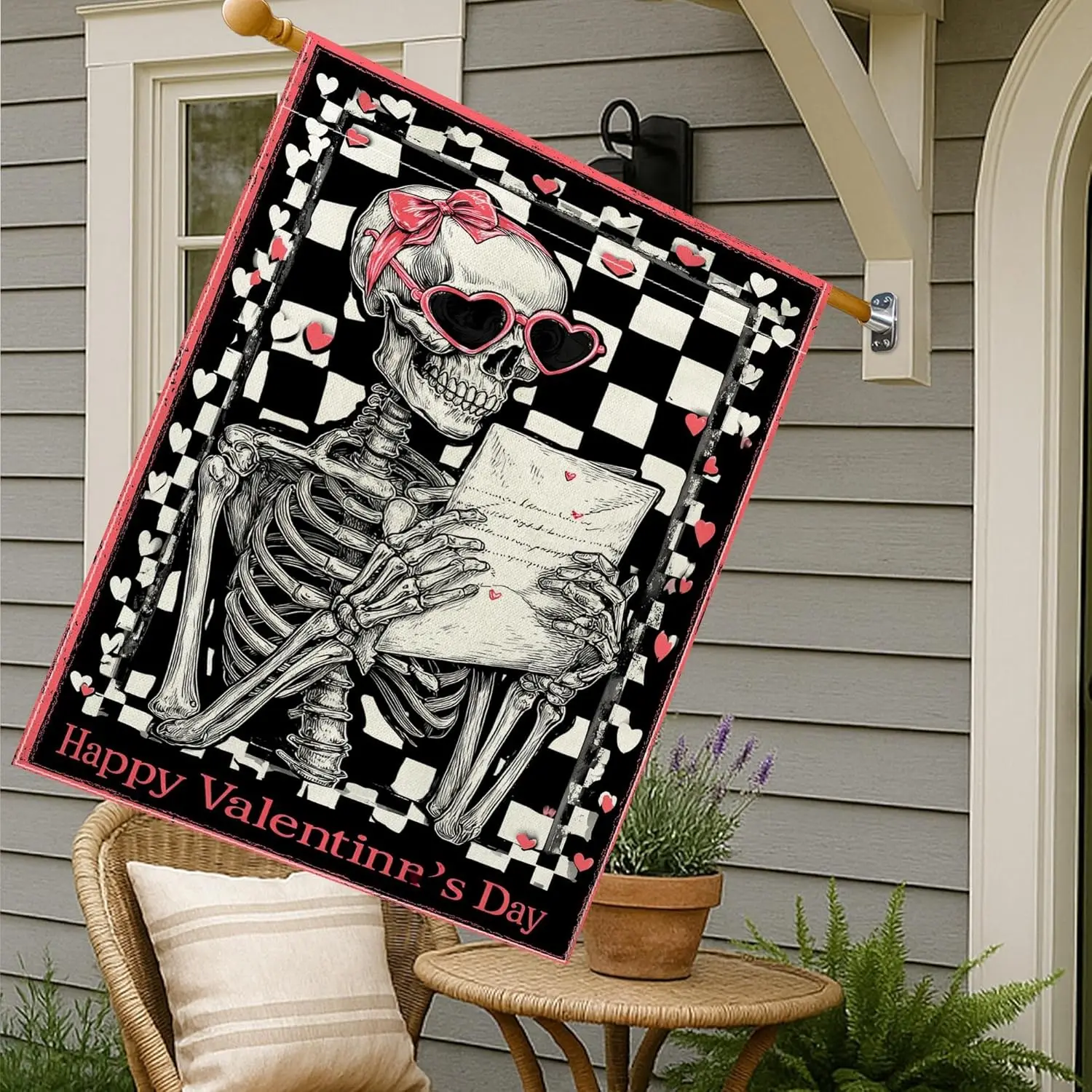 Skeleton House Flag, Valentine'S Day Gothic Hearts Letter Valentine'S Day Black Burlap Double Sided Outside Large Ga LLX PPM