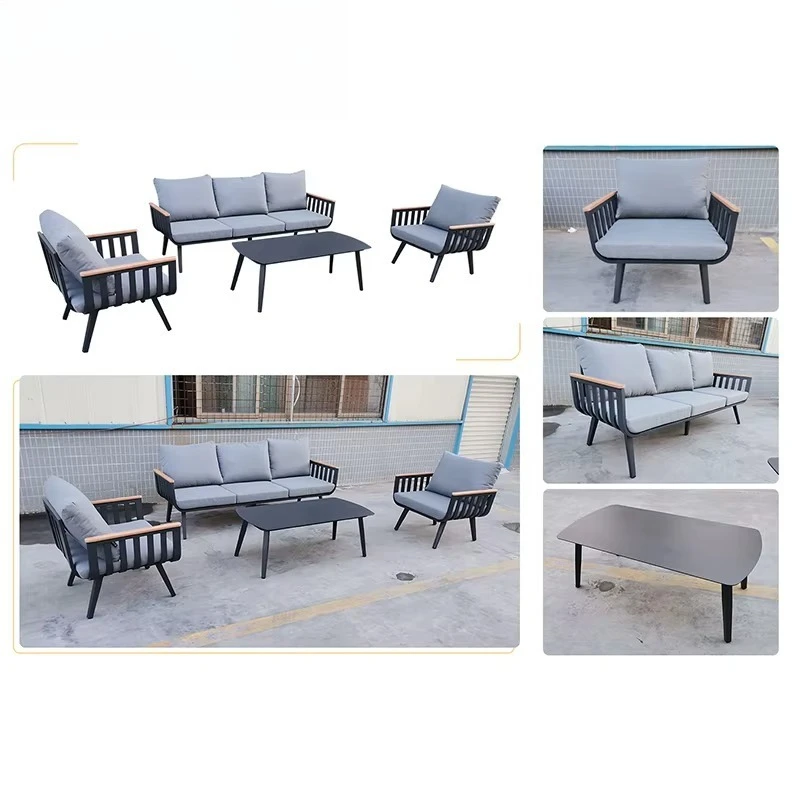 أريكة صالة مقاومة للماء باللون البيج والأسود الفاخرة الحديثة من الألومنيوم للحديقة والفناء والأثاث الخارجي طقم أريكة مقطعي للفناء #6