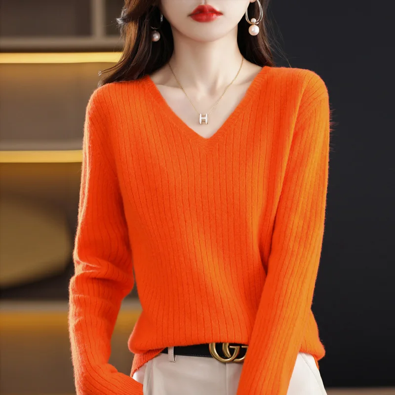 

V-Neck Knitted Pullover Pit Strip Undercoat Autumn Winter New Women Long Sleeve Short Sweater with Loose Fashion Slim Fit Inside