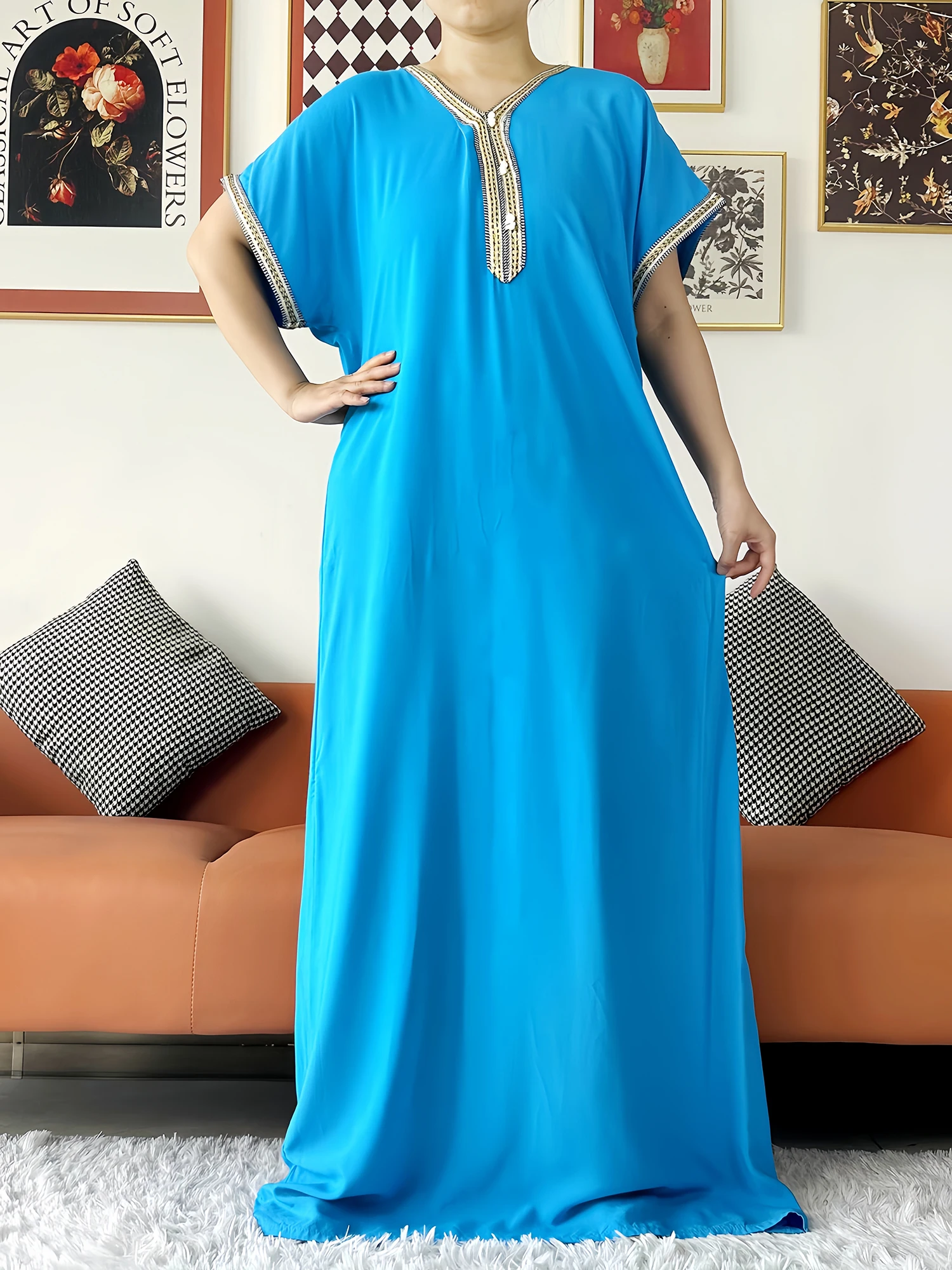 2024 Muslim Caftan Traditional short sleeve Dress Solid Cotton kaftan Beach Summer Abaya African dresses for women