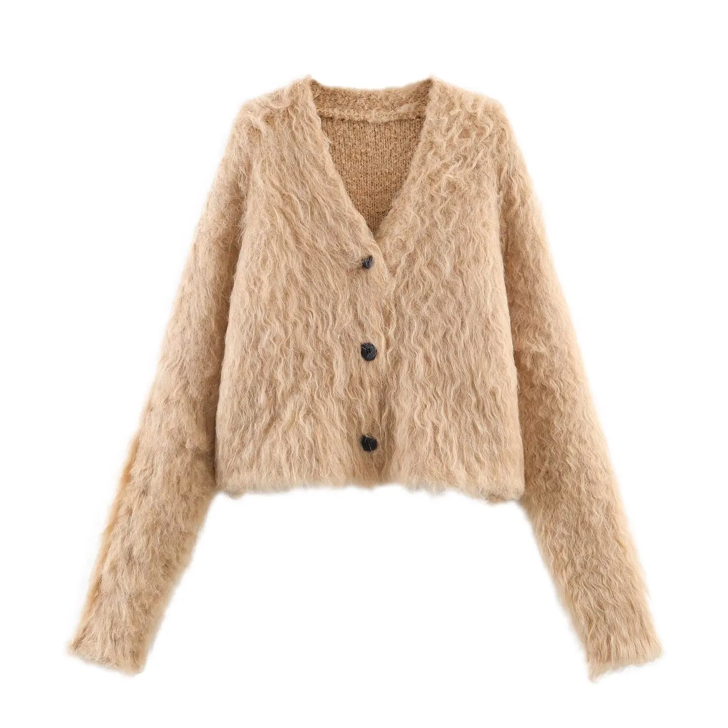 DiYiG WOMAN 2025 Winter New Fashion Solid Color Long Hairy Knitted Long Sleeve Cardigan Chic V-Neck Button Sweater Coat Mujer