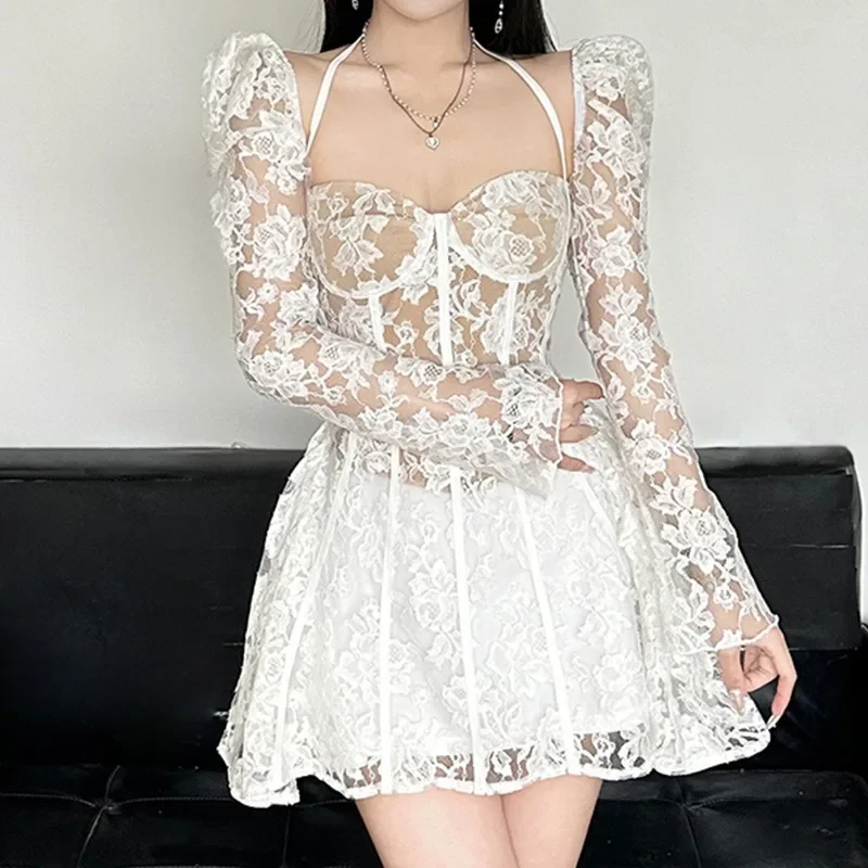 

Sexy Backless Lace Early Spring Dress New SKinny High Waist Strapless Dress Women 2025 Mesh Full Sleeve Mini Puff Dress dfdfd2