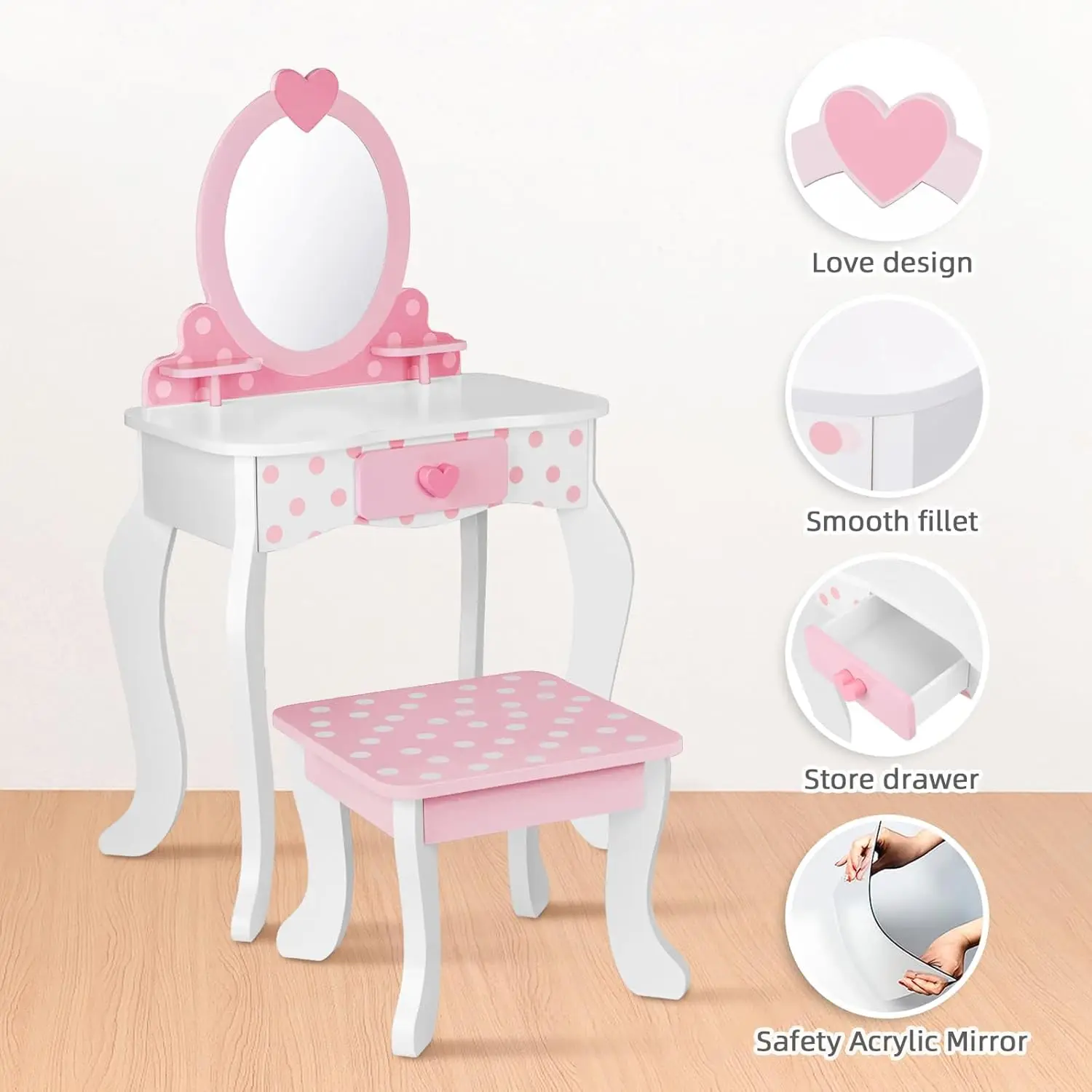 Pink Kids Vanity Set with Mirror, Table, Chair & 15 Makeup Accessories - Storage Drawer Included
