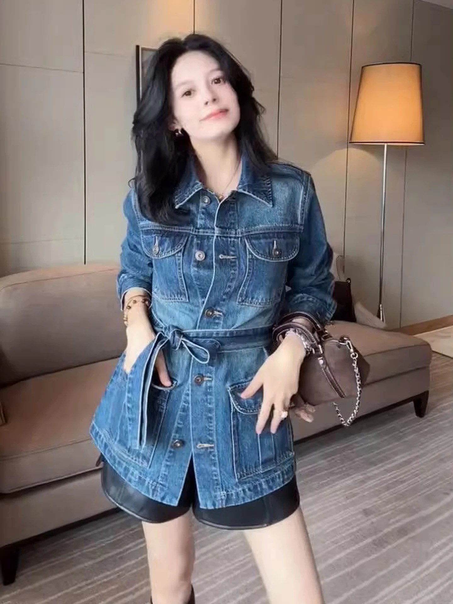 

Ele Retro Waist-Cinching Denim Jaet Women's Sweet Cool Sle Spring 2026 New Korean Street Faion Slimming Top