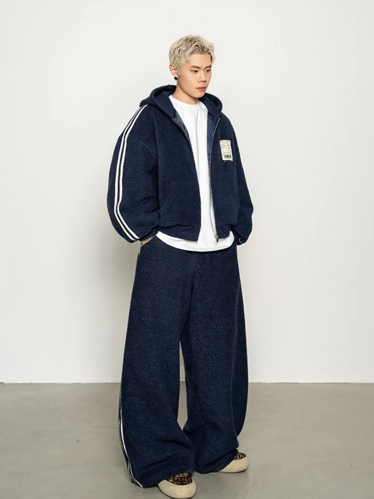 Autumn Winter Mens Running Sweatpants Personality Loose Fit Streetwear Hip Hop Fleece Hooded Jacket Wide Leg Pants Two Piece Set