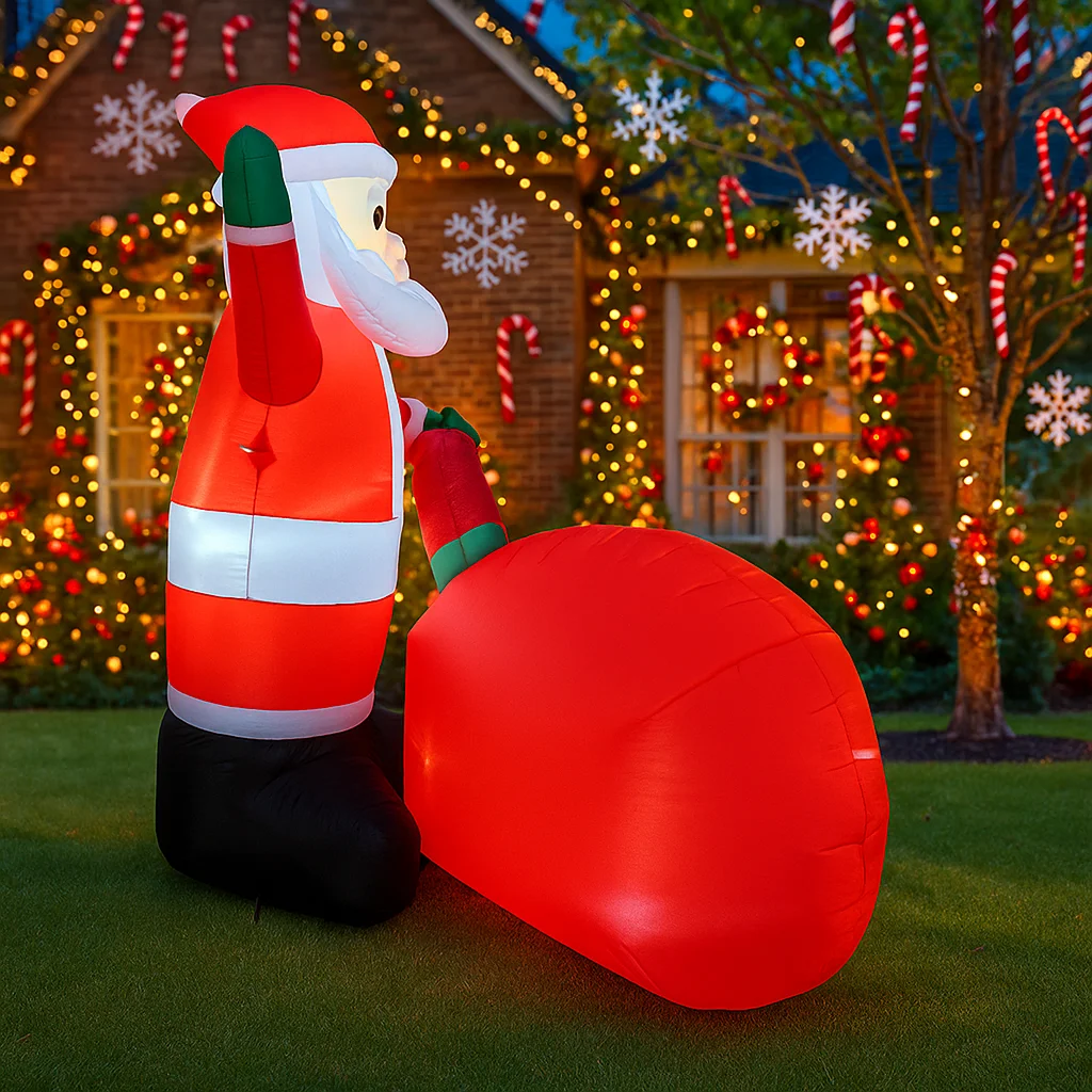 6피트 크리스마스 장식품, 선물 가방에 산타클로스가 들어있는 풍선 장식품, LED 장식이 있는 집 마당 장식품, 크리스마스 야외 장식 장난감