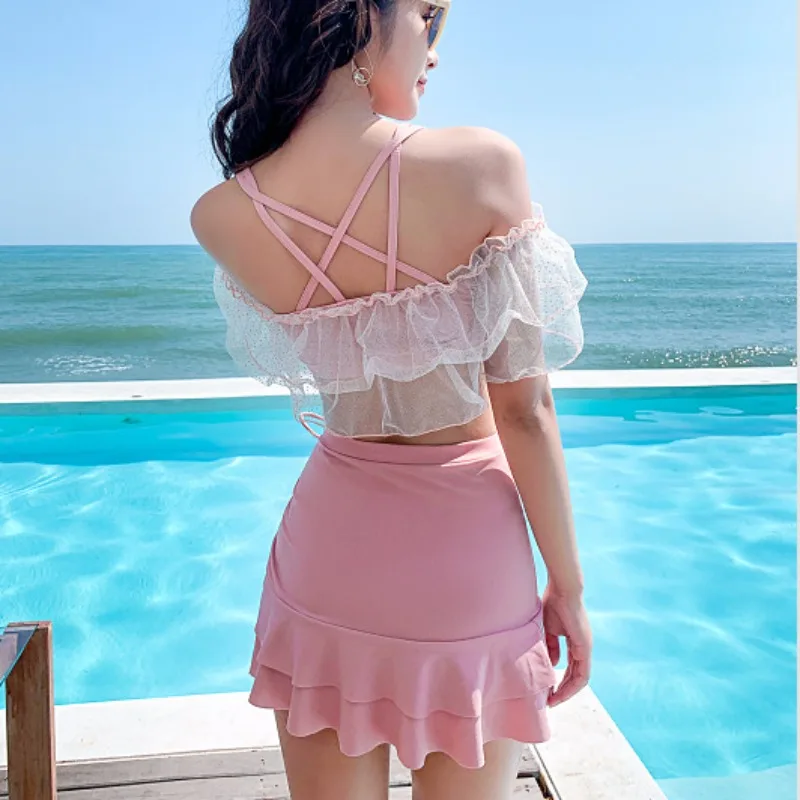 Sexy Bikini Set Women Ruffles Stylish Hot Sale Summer Outwear Swimwear Slim Casual Shirring Holiday Beach Style Korean Style Ins