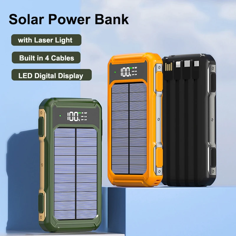 

Solar Power Bank 20000mAh 4 in 1 Built in Cable Portable Charger Powerbank for iPhone 17 Samsung Huawei Xiaomi External Battery