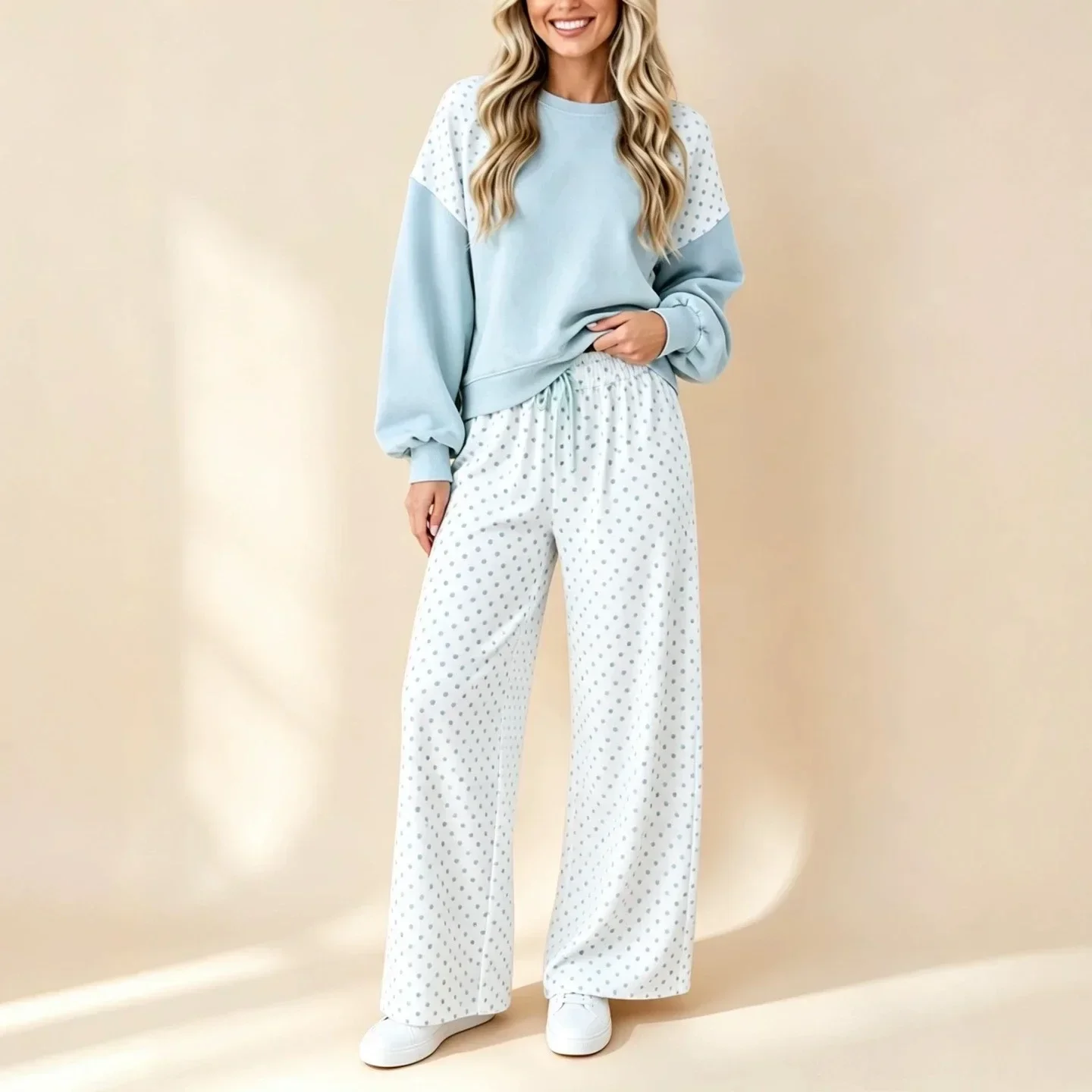 Polka Dot Color Block Round Neck Long Sleeve Top And Drawstring Wide Leg Pants Set For Women Two Piece Loose Fit Autumn Suit