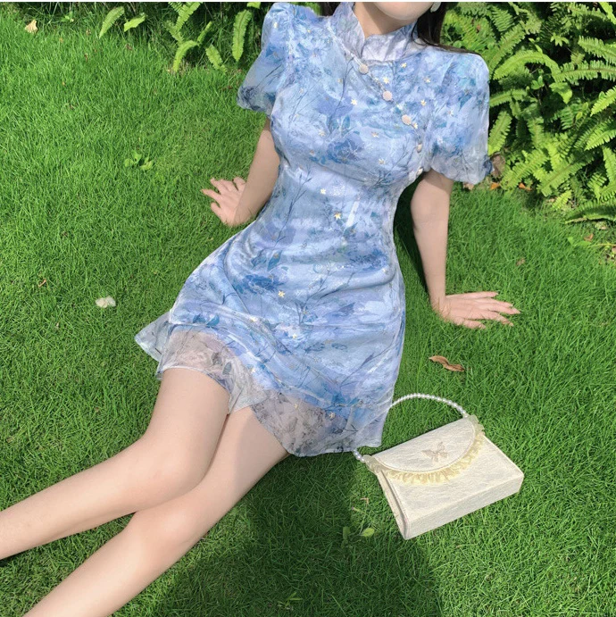 Elegant Princess Style Qipao Improved Chinese New Dress Mandarin Collar Cheongsam Lady Blue Flower Print Vestidos Party Gown