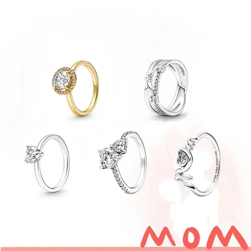 2022 Mother's Day New 100% High Quality S925 Sterling Silver Mum Pavé Heart Rings Double Heart Shiny Rings Women's Holiday Gifts