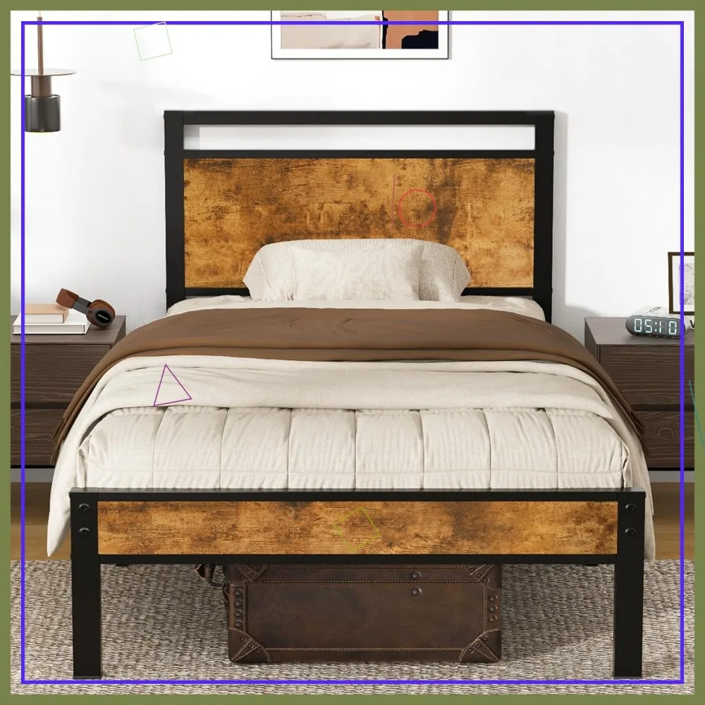 

Upgraded Twin Bed Frame with Wood Headboard, Heavy Duty Metal Platform, Storage Space, No Noise, Vintage Brown