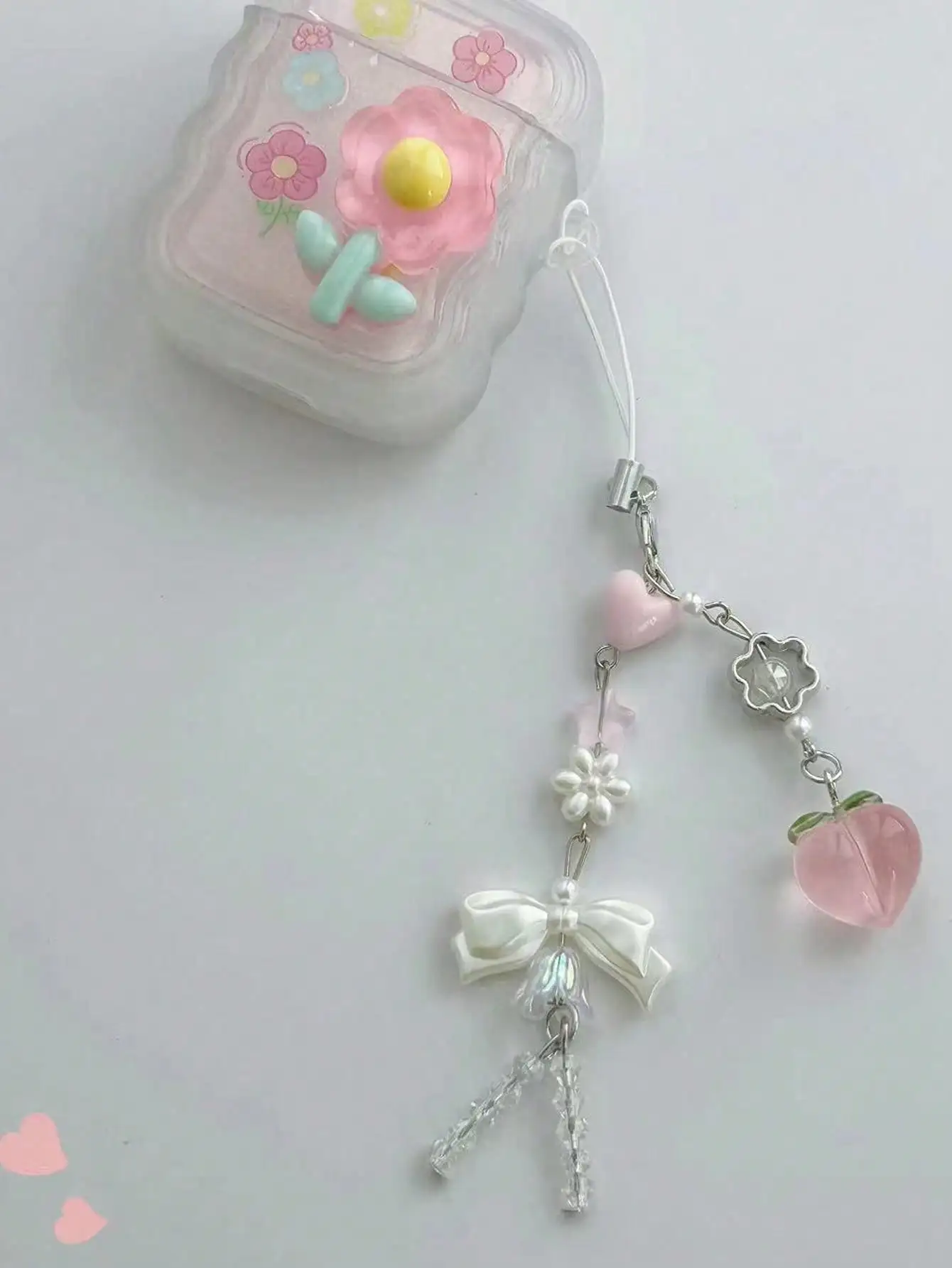 

1pc Peach Shaped Pendant Heart Flower Beaded Cell Phone Strap Keychain Pendant Bag Decoration Earphone Case Pendant Accessory,