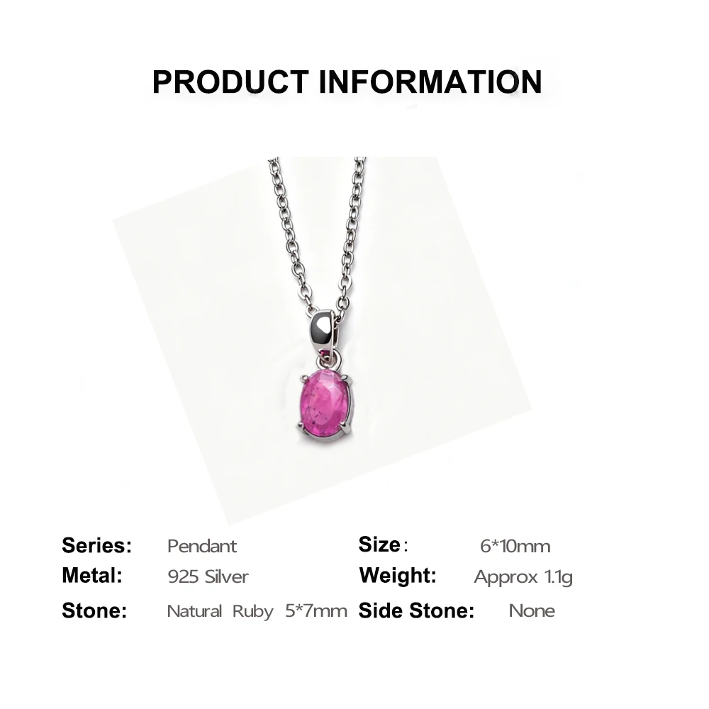 100% Natural Ruby Pendant Sterling 925 Silver 0.9 Carat Gemstone 5*7mm Origin Africa Necklace for Women Wedding Party Jewelry