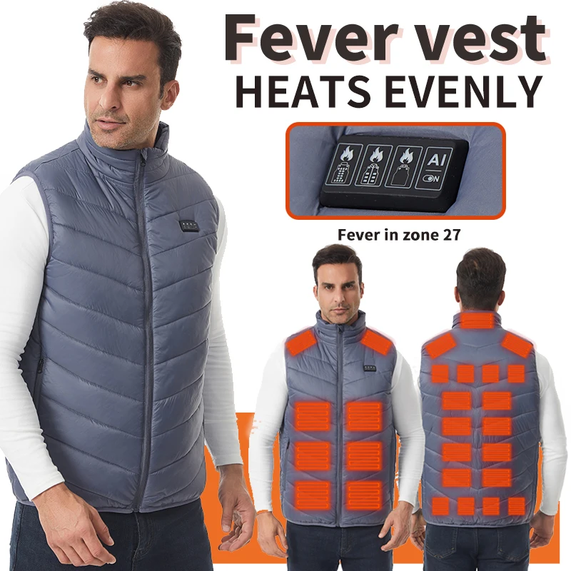 4-Control 27 Zone Intelligent Heating Vest Men's Winter Plus Size Jacket Casual Solid Color Warm Heating Vest with Three Modes