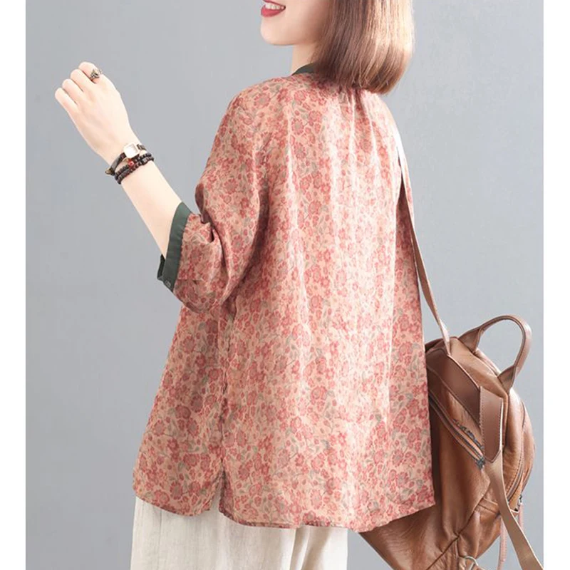 Summer Literary Vintage Ethnic Style Printing Cotton Shirt Ladies Half Sleeve Loose Casual All-match Pullovers Women Blouse Top