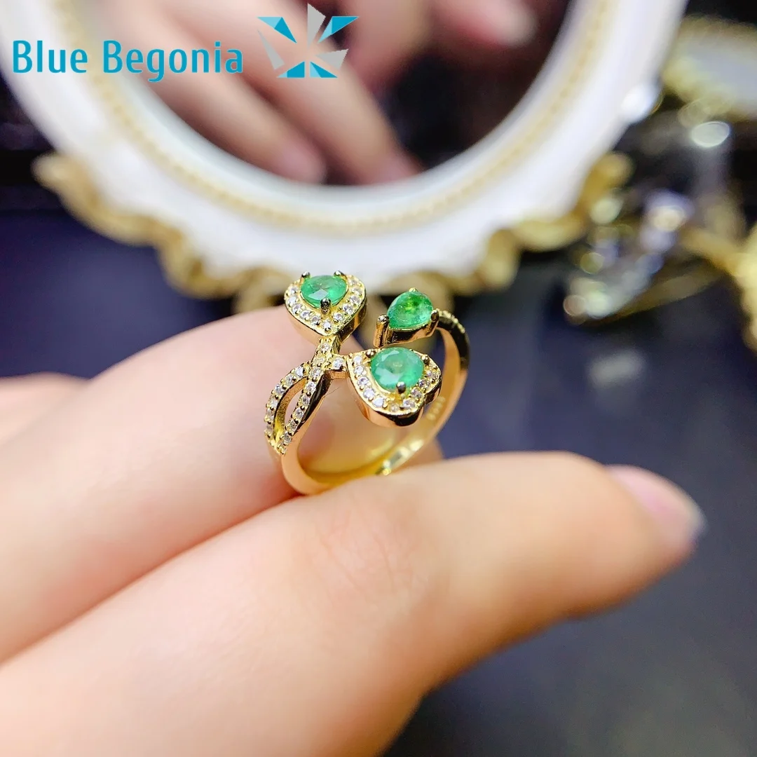 Natural Emerald Ring Fine Jewelry Open Rings for Women Gift 925 Sterling Silver 4*4mm Gemstone