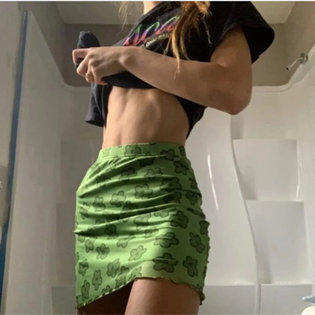 

Vintage Y2K A-Line Ultra-Short Mesh Skirt | Green Flower Pattern Elastic Waist Sexy Mini Skirt