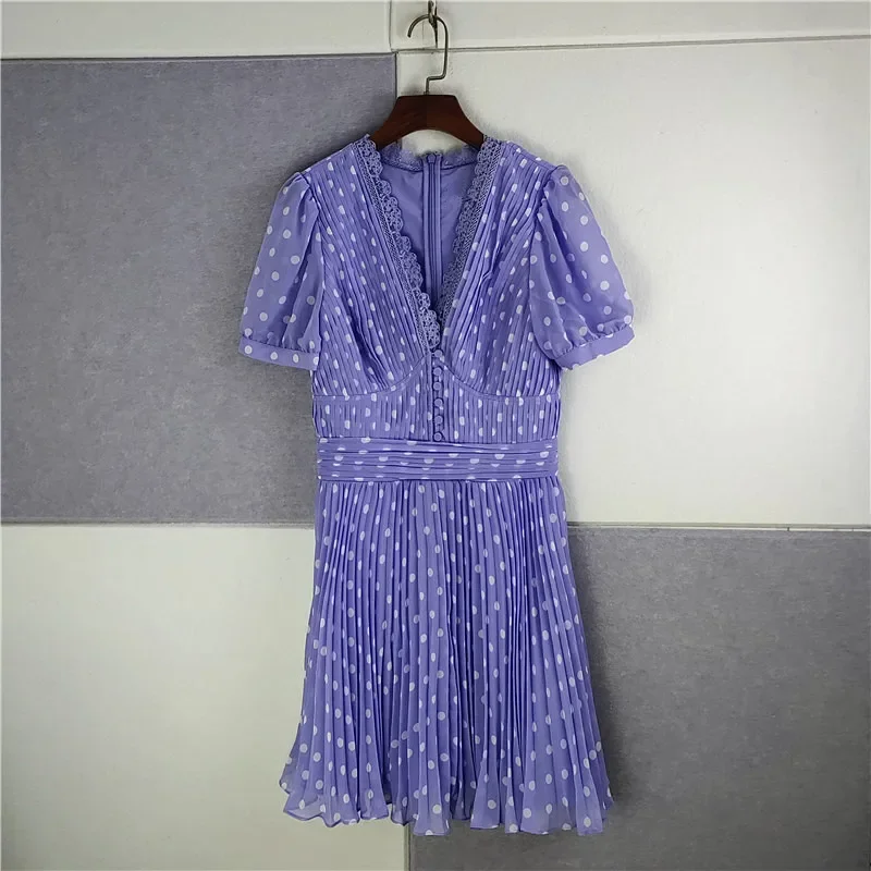 

Women Purple V Neck Dress Polka Dot Elegant Summer Party Mini Dress Female