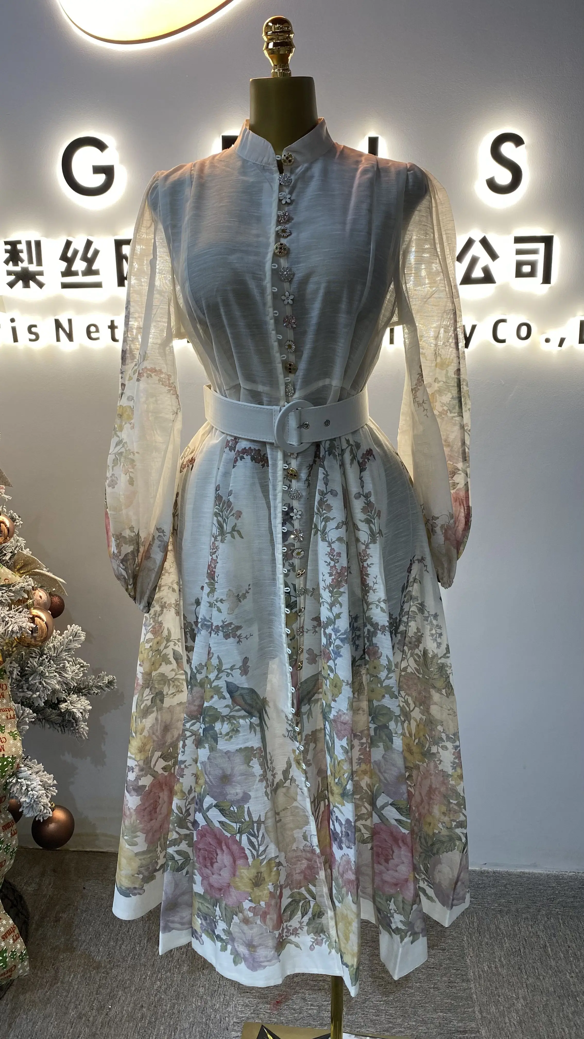 

2025 new style small palace style French dress lantern sleeve long print dress-GZMM482