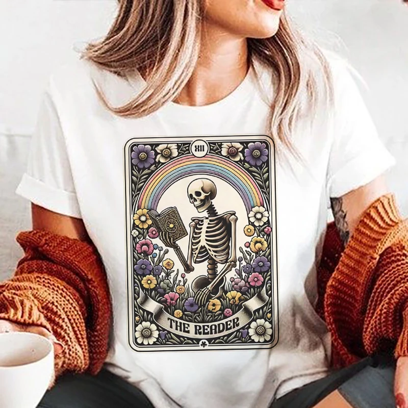 Schedel Bloemenprint Retro Print Patroon Dames Casual Basic Top T-shirt Mode Wit Dames O-hals T-shirt met korte mouwen