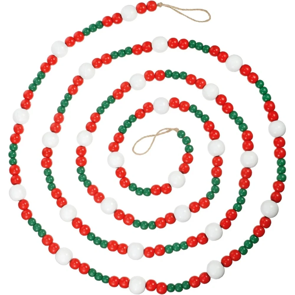 10ft Christmas Wooden Red White Green Bead Garland for Xmas Tree & Mantel Hanging Decor